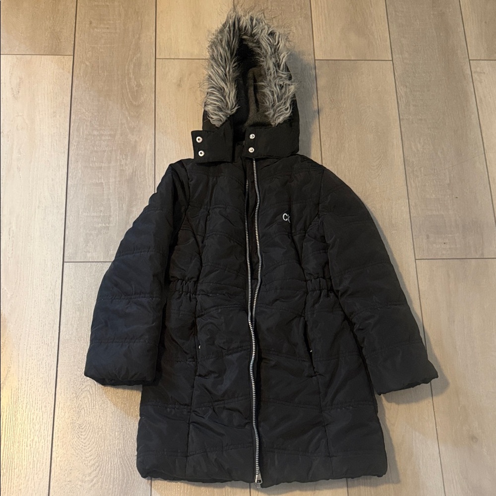 Calvin Klein Girls Long Black Quilted Coat with Faux Fur Hood Size 7